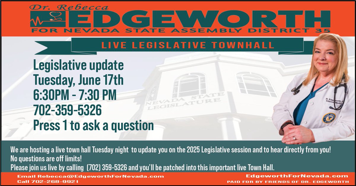 I am hosting a live Town Hall tonight and would love for you to join us! I’ll be taking your questions and sharing an important Legislative update
Call 7023595326 between 6:30-7:30 PM tonight to participate in the live Town Hall. No questions are off-limits. Press 1 to ask yours