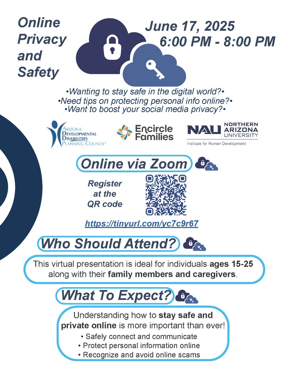 DRightsArizona's tweet image. Join our partner organizations this evening for this informative training on understanding how to stay safe and private online.
This presentation is ideal for individuals ages 15-25 along with their family members and caregivers.
Register here: tinyurl.com/yc7c9r67