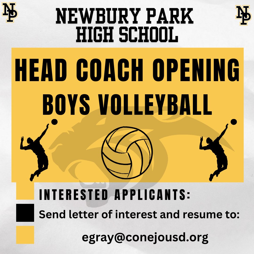 Newbury Park High School is seeking a passionate and experienced Head Coach for Boys Volleyball. Help lead our talented athletes to success both on and off the court.

To apply: email a letter of interest and resume to egray@conejousd.org
#PantherPride <a href="/vcspreps/">VCS Preps</a> <a href="/latsondheimer/">eric sondheimer</a>