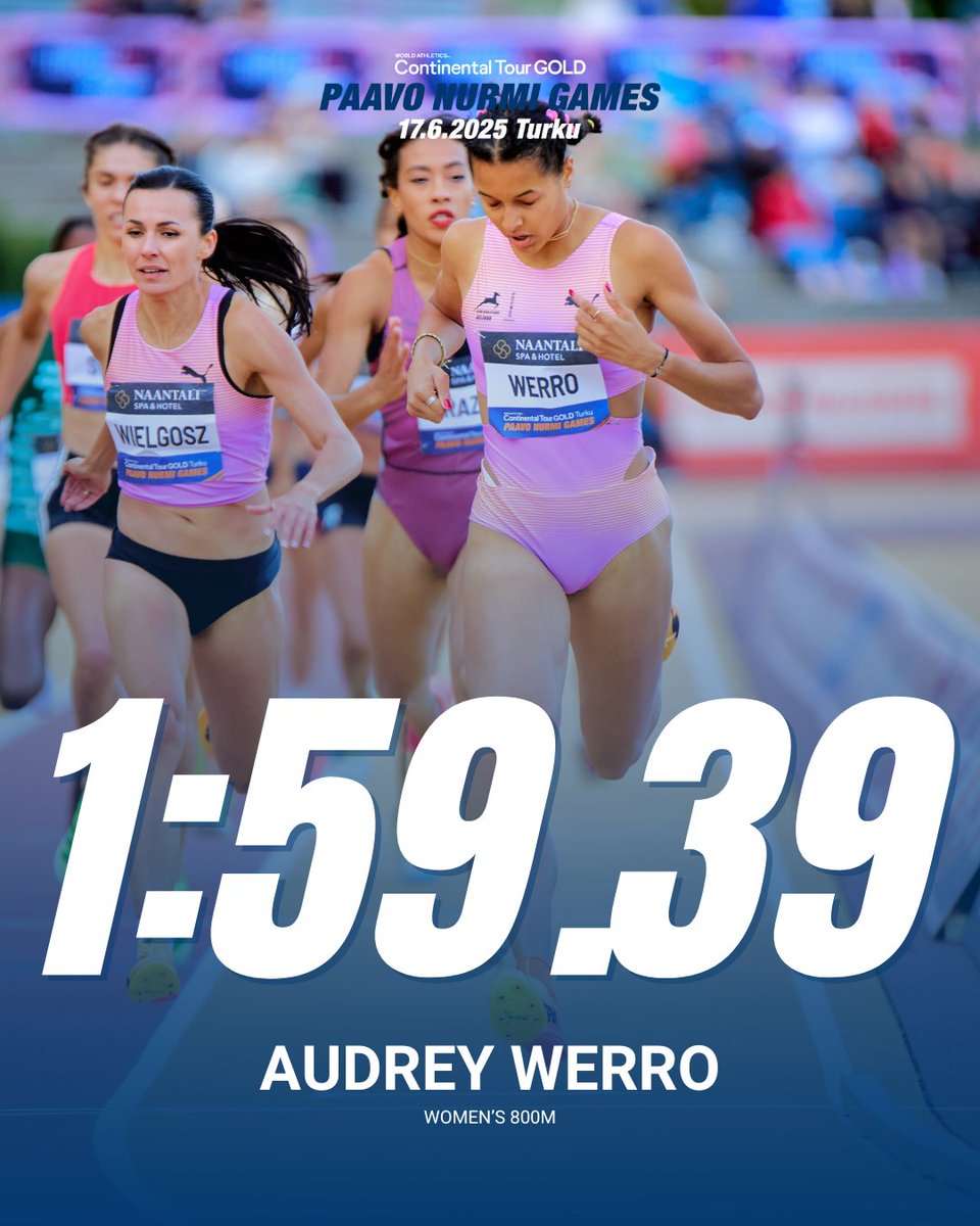 Closing the night in style – Audrey Werro wins the women’s 800m with a great time!

#PaavoNurmiGames #ContinentalTourGold #WorldAthletics #Turku