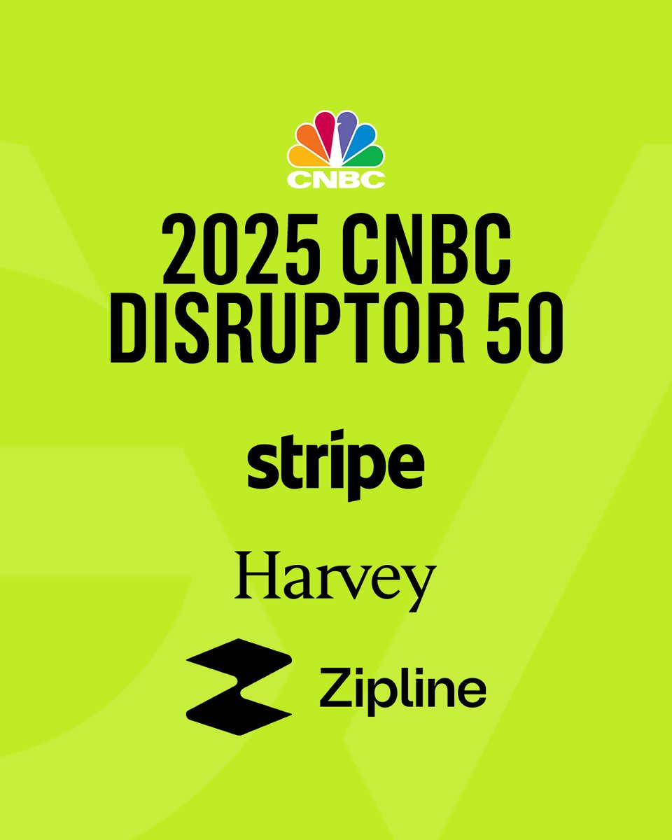 Excited to see three GV portfolio companies named to the <a href="/CNBC/">CNBC</a>’s 2025 Disruptor 50 list: <a href="/harvey__ai/">Harvey</a>,  <a href="/stripe/">Stripe</a> and <a href="/zipline/">Zipline</a>. From legal and professional services to fintech and logistics, they’re redefining what’s possible.

View the full list: cnbc.com/2025/06/10/202…