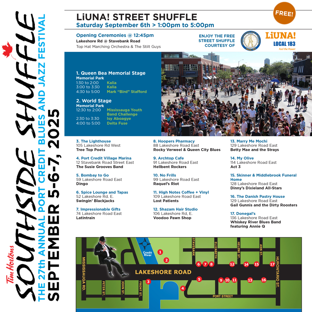 ssshufflepc's tweet photo. Mark your Calendars! Our FREE Saturday afternoon LIUNA Local 183 Street Shuffle returns on September 6 from 1–5 PM for the 27th Annual Tim Hortons Southside Shuffle Blues & Jazz Festival! @liuna183 #SouthsideShuffle #PortCredit #Mississauga https://t.co/uC0d158JBH
