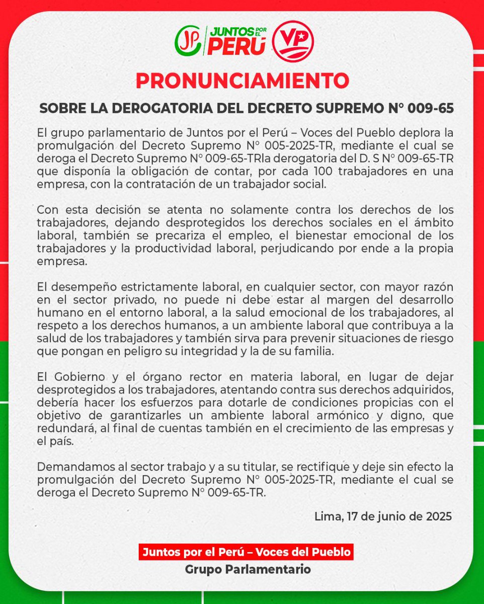 #PRONUNCIAMIENTO SOBRE LA DEROGATORIA DEL DECRETO SUPREMO N° 009-65