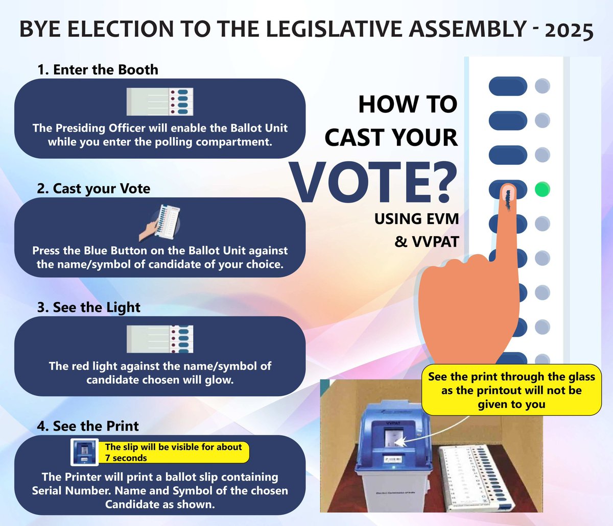 Be an Informed Voter and know how to cast your vote using EVM &amp; VVPAT this Bye Election. 
#ByeElection2025
<a href="/ECISVEEP/">Election Commission of India</a>
<a href="/CEOGujarat/">Chief Electoral Officer, Gujarat</a>
<a href="/SpokespersonECI/">Spokesperson ECI</a>
<a href="/CollectorMeh/">Collector Mehsana</a>