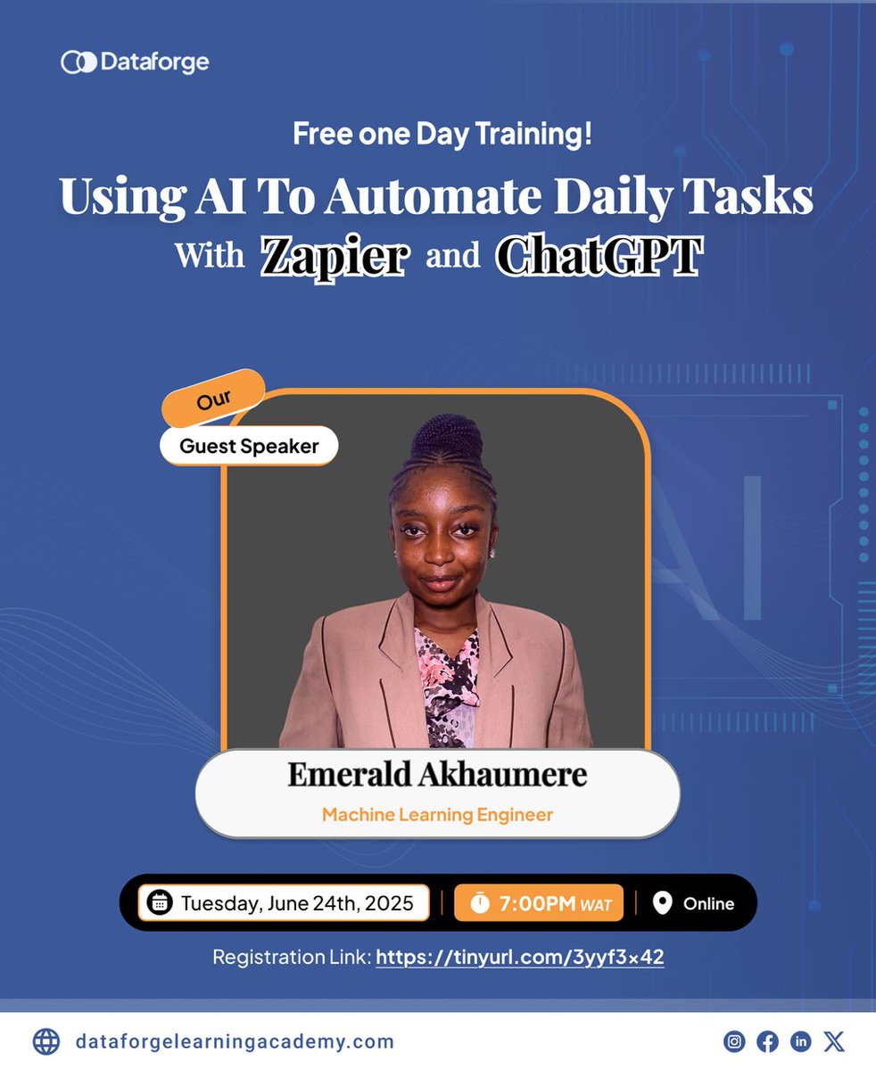DataForge_LA's tweet image. Tired of wasting hours on repetitive tasks?
Struggling to stay productive in a fast-paced world?

✅ Learn how to automate your daily workflow 

🔗 Register now: tinyurl.com/3yyf3x42
#AIProductivity #DataForge #Zapier #ChatGPT #FreeTraining #WorkSmarter