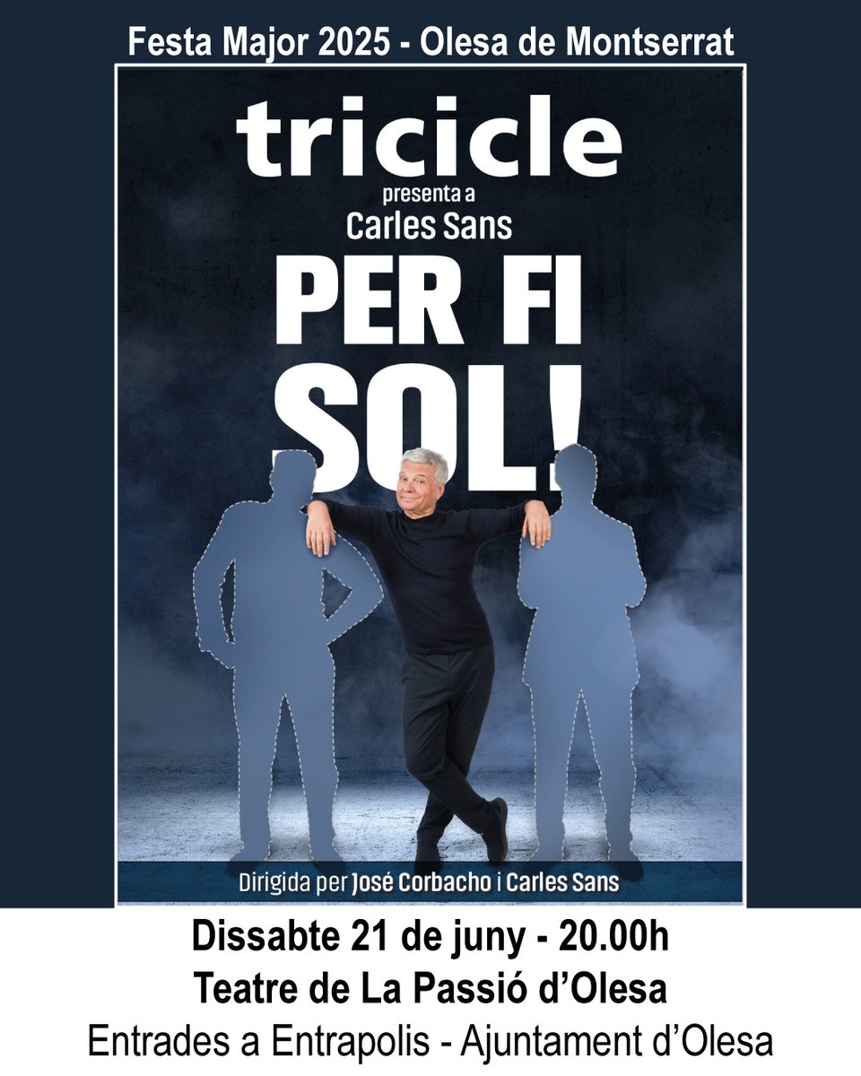 🎭 Per Festa Major, teatre! L'Ajuntament d'Olesa ha programat l'espectacle de Carles Sans 'Per fi sol!'.🗓️ Aquest dissabte 21 de juny les 20.00h al teatre de #lapassiodOlesa
Les entrades són a la venda a la plataforma Entrapolis de l'Ajuntament 👇🏼
🔗 entrapolis.com/entrades/per-f…
