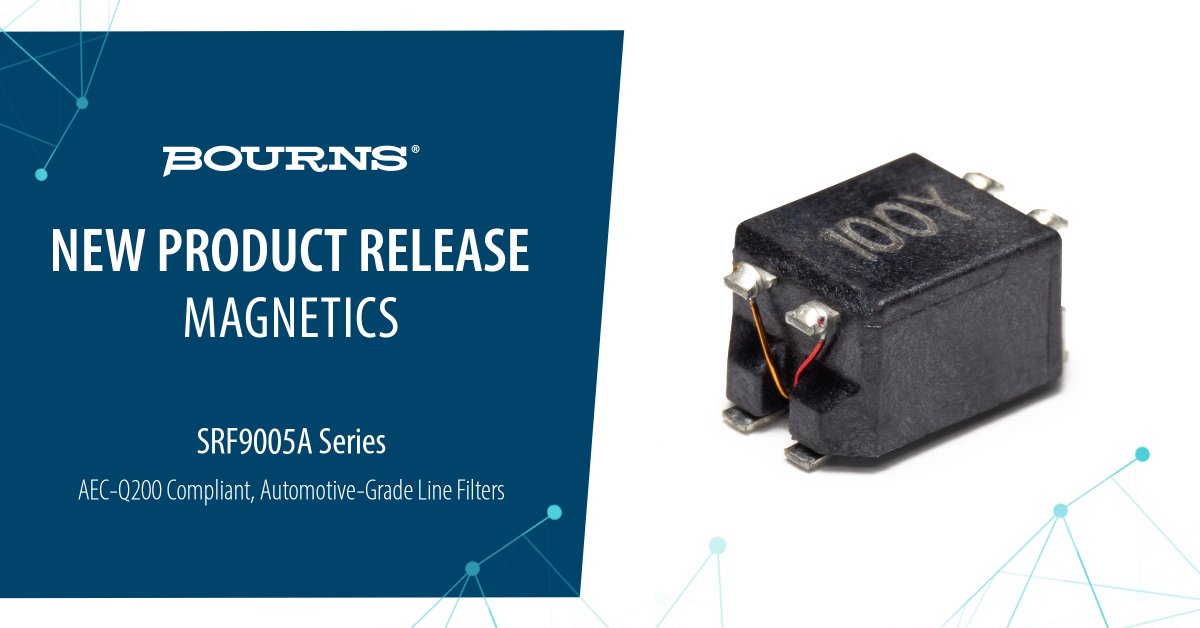 Bourns's tweet image. Electromagnetic interference doesn't stand a chance! Our SRF9005A Series Line Filters with frequencies up to 300MHz, 10-6500 µH inductance range &amp;amp; AEC-Q200 compliance conquer tough EMI challenges in automotive designs. bourns.co/3FHOdEB #EMIFiltering #Automotiven #Bourns