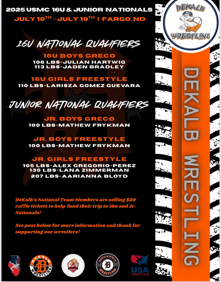 The DeKalb Barbs have 7 wrestlers going to Fargo for USA Boys and Girls Nationals.  They are selling $20 tickets to fundraise their trip to Fargo!  Please support them on their journey by using the following link!  

zeffy.com/en-US/ticketin…