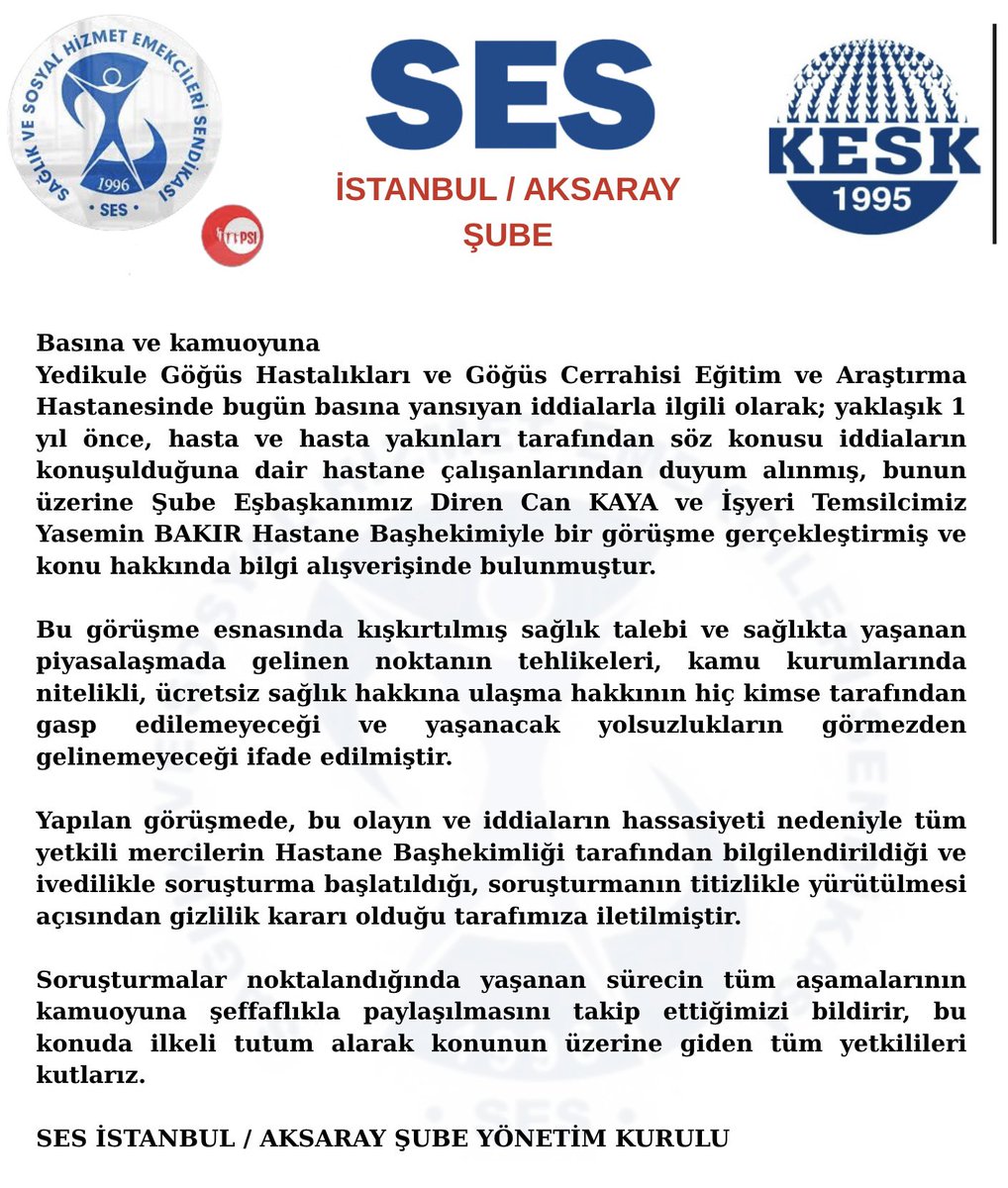 Basına ve Kamuoyuna 
Yedikule Göğüs Hastalıkları ve Göğüs Cerrahisi Eğitim ve Araştırma Hastanesiyle ilgili basına yansıyan iddialarla ilgili olarak….