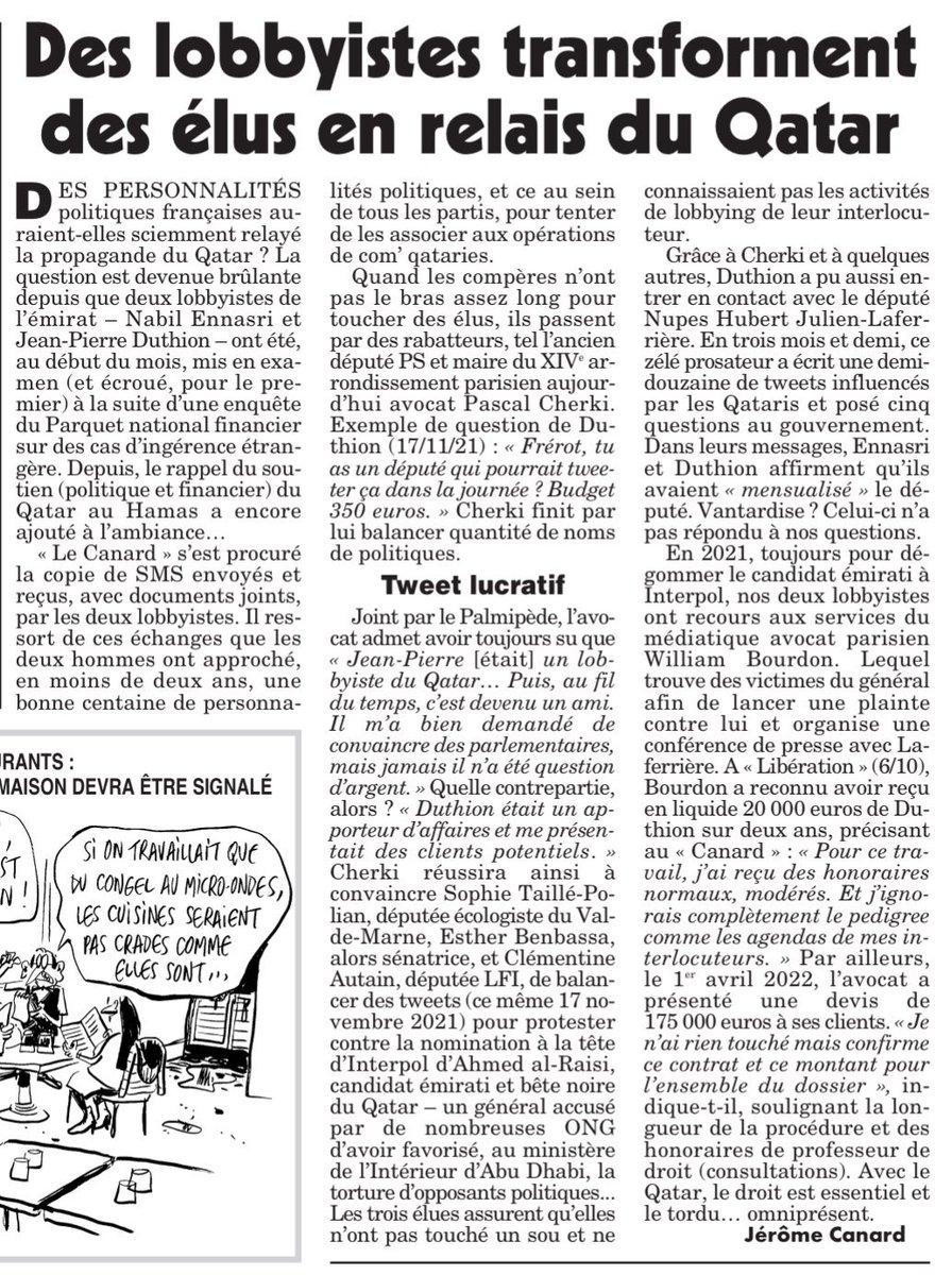 _Progressistes's tweet photo. Les Agents du #Qatar a gauche ne s’en vantent pas publiquement, mais le Canard l’a fait pour @Clem_Autain #LApres @STaillePolian #EELV 🌻 et Hubert Julien-Laferriere #EELV 🌻
Lobbying ou corruption ?…
#DirectAN https://t.co/ZFOZ7tiYMW