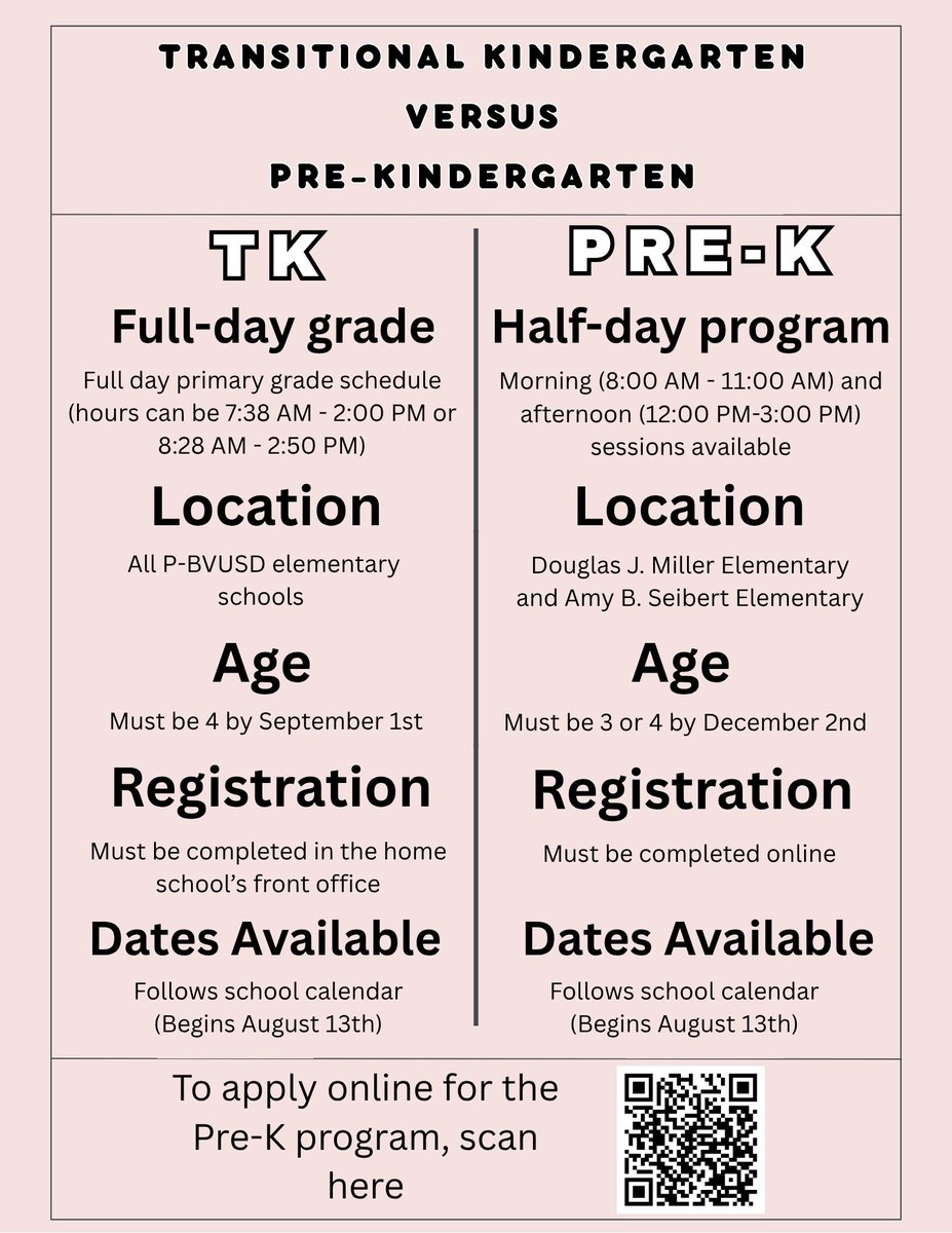 PBVUSD's tweet image. 📢Don't forget, P-BVUSD offers both Pre-K and TK! Check out these flyers to learn the differences.