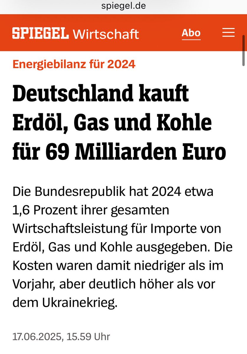 <a href="/N_Schmid/">N. Schmid ⚡️☀️💨💧🔋</a> Energiebilanz für 2024
Deutschland kaufte Erdöl, Gas und Kohle für 69 Milliarden Euro. 

Hauptsächlich von Despoten und Kriegstreibern.
