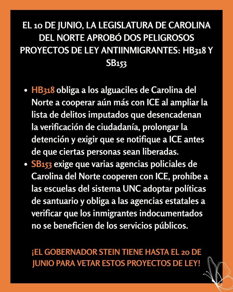 Nicole Quick (@quickfornc) on Twitter photo 📣EMERGENCY RALLY THIS WEDNESDAY
Governor Stein still has not vetoed HB318 or SB153, two dangerous anti-immigrant bills that will expand ICE’s presence in NC.
‼️Join us at the Governor’s mansion to make our voices loud and clear: ICE OUT OF NC!
<a href="/ForwardCarolina/">Carolina Forward</a> 📣EMERGENCY RALLY THIS WEDNESDAY
Governor Stein still has not vetoed HB318 or SB153, two dangerous anti-immigrant bills that will expand ICE’s presence in NC.
‼️Join us at the Governor’s mansion to make our voices loud and clear: ICE OUT OF NC!
<a href="/ForwardCarolina/">Carolina Forward</a>