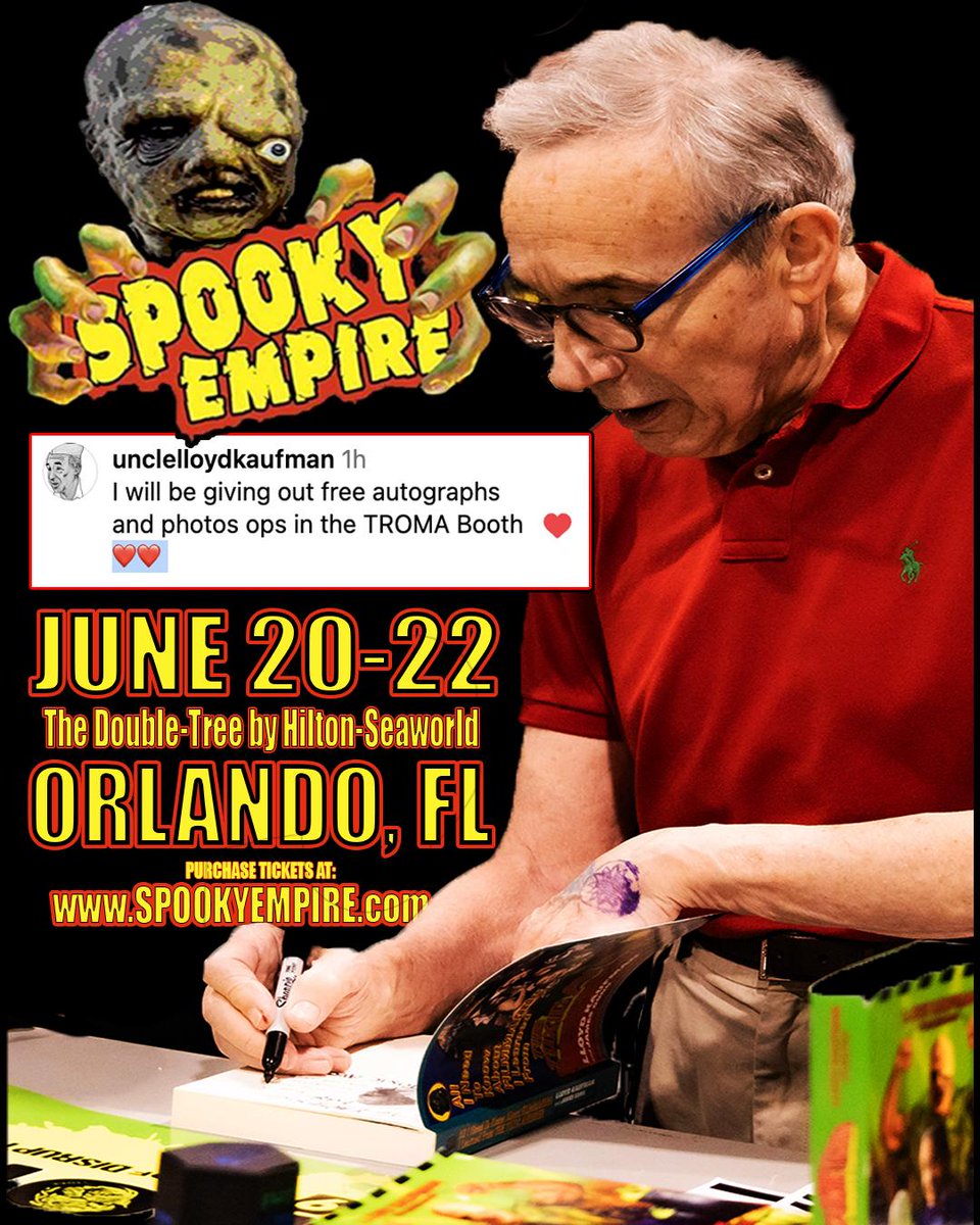 Attention all Tromaville far and wide!
 @unclelloydkaufman will be attending  @spookyempire in Orlando this weekend! Free autographs!!! Come see the <a href="/Troma_Team/">ᴛʀᴏᴍᴀ ᴇɴᴛᴇʀᴛᴀɪɴᴍᴇɴᴛ</a> in action! 
#spookyempire #Orlando #tromaentertainment #troma  #toxicavenger #toxie 
#tromanow #vhs  #Tromaville