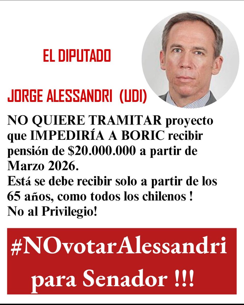Andrés, EL 𝑨𝑵𝑻𝑰𝑮𝑨𝑩𝑹𝑰𝑬𝑳𝑰𝑺𝑻𝑨 DEL 70% (@andresah1984) on Twitter photo ❌Quien más cree que el “honorable” <a href="/jalessandri/">Diputado Alessandri</a> de #ChileVamos tiene un “arreglin” con los TERRORISTAS que QUEMARON y DESTRUYERON Chile el 2019❓❓❓
BASTA DE ABUSOS Y PRIVILEGIOS❗️ ❌Quien más cree que el “honorable” <a href="/jalessandri/">Diputado Alessandri</a> de #ChileVamos tiene un “arreglin” con los TERRORISTAS que QUEMARON y DESTRUYERON Chile el 2019❓❓❓
BASTA DE ABUSOS Y PRIVILEGIOS❗️