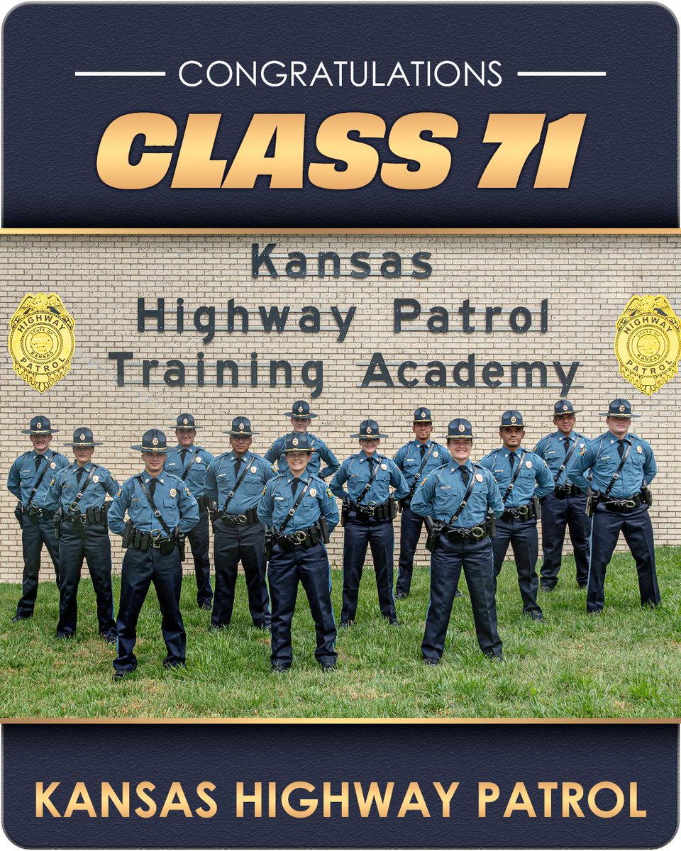 The Kansas Highway Patrol would like to congratulate Class 71 on the hard work and determination they exhibited during their time at the Training Academy. We're excited to watch them continue to grow throughout their careers with KHP!

#ServiceCourtesyProtection
#Class71
