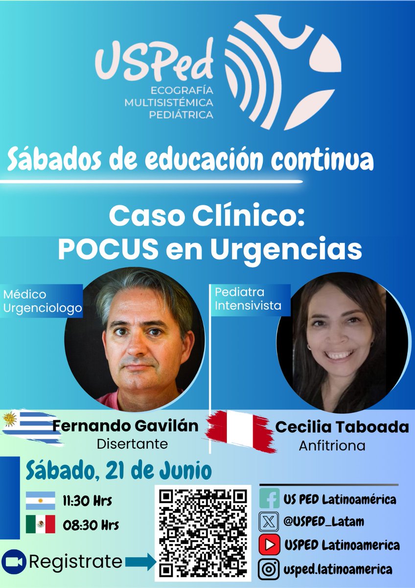 Sábados de POCUS Caso Clínico presenta:

"POCUS en Urgencias." 🚑🔊👶🏻🏥
Conoce los casos clínicos que te acercan al aprendizaje.

Ponente: Dr. Fernando Gavilán #Emergency🇺🇾
Anfitriona: Dra. Cecilia Taboada #PedsICU🇵🇪

USPed, la Comunidad de POCUS Pediátrico.