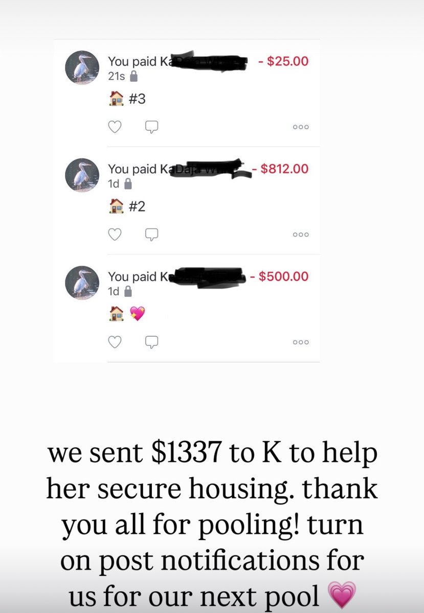 We sent $1337 to K to help her secure housing- thank you for caring for each other by participating in mutual aid.