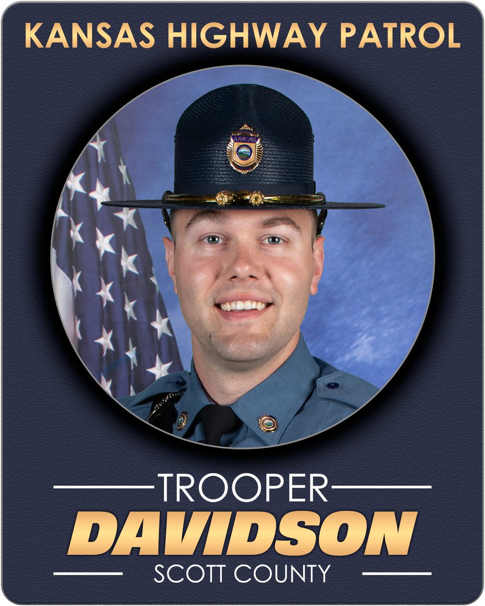 Congratulations to Trooper Trey Davidson, Class 72 graduate of the Kansas Highway Patrol Training Academy.

Trooper Davidson’s wife, Bailey Davidson, placed his badge on him for the first time.

His hometown is Topeka, Kansas.

His duty station is Scott County.