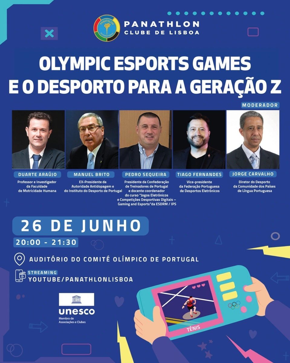 Federação Portuguesa de Esports (@fpdeoficial) on Twitter photo 🎙️ No próximo dia 26 de Junho, no Auditório do <a href="/COPPORTUGAL/">Comité Olímpico de Portugal (COP)</a>, decorre a sessão mensal organizada pelo Panathlon Clube de Lisboa, com o tema de debate: "Olympic Esports Games e o Desporto para a Geração Z".
🌐 Numa conversa moderada pelo Prof. Jorge Carvalho (Diretor do Desporto 🎙️ No próximo dia 26 de Junho, no Auditório do <a href="/COPPORTUGAL/">Comité Olímpico de Portugal (COP)</a>, decorre a sessão mensal organizada pelo Panathlon Clube de Lisboa, com o tema de debate: "Olympic Esports Games e o Desporto para a Geração Z".
🌐 Numa conversa moderada pelo Prof. Jorge Carvalho (Diretor do Desporto