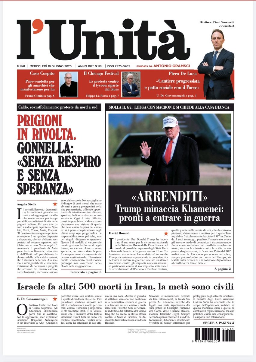 📰 La prima pagina dell’#Unità del #18giugno

Abbonati subito: bit.ly/ABBONATI-SUBITO