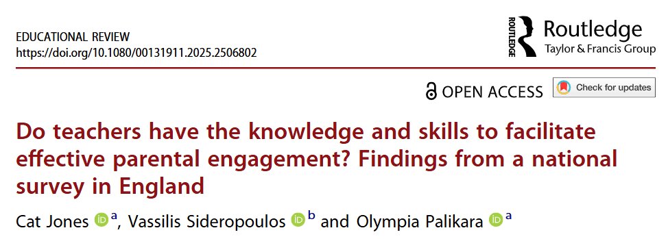 Cat Jones (@missjonesed) on Twitter photo 📢New research paper published:
Our survey of 1750+ teachers in England identified important gaps in teachers' current parental engagement training, knowledge and skills.
Read free via <a href="/EdReview/">Educational Review</a>: doi.org/10.1080/001319…
Co-authors: <a href="/VassilisSide/">Vassilis Sideropoulos</a> <a href="/OlympiaPalikara/">Olympia Palikara</a> 📢New research paper published:
Our survey of 1750+ teachers in England identified important gaps in teachers' current parental engagement training, knowledge and skills.
Read free via <a href="/EdReview/">Educational Review</a>: doi.org/10.1080/001319…
Co-authors: <a href="/VassilisSide/">Vassilis Sideropoulos</a> <a href="/OlympiaPalikara/">Olympia Palikara</a>