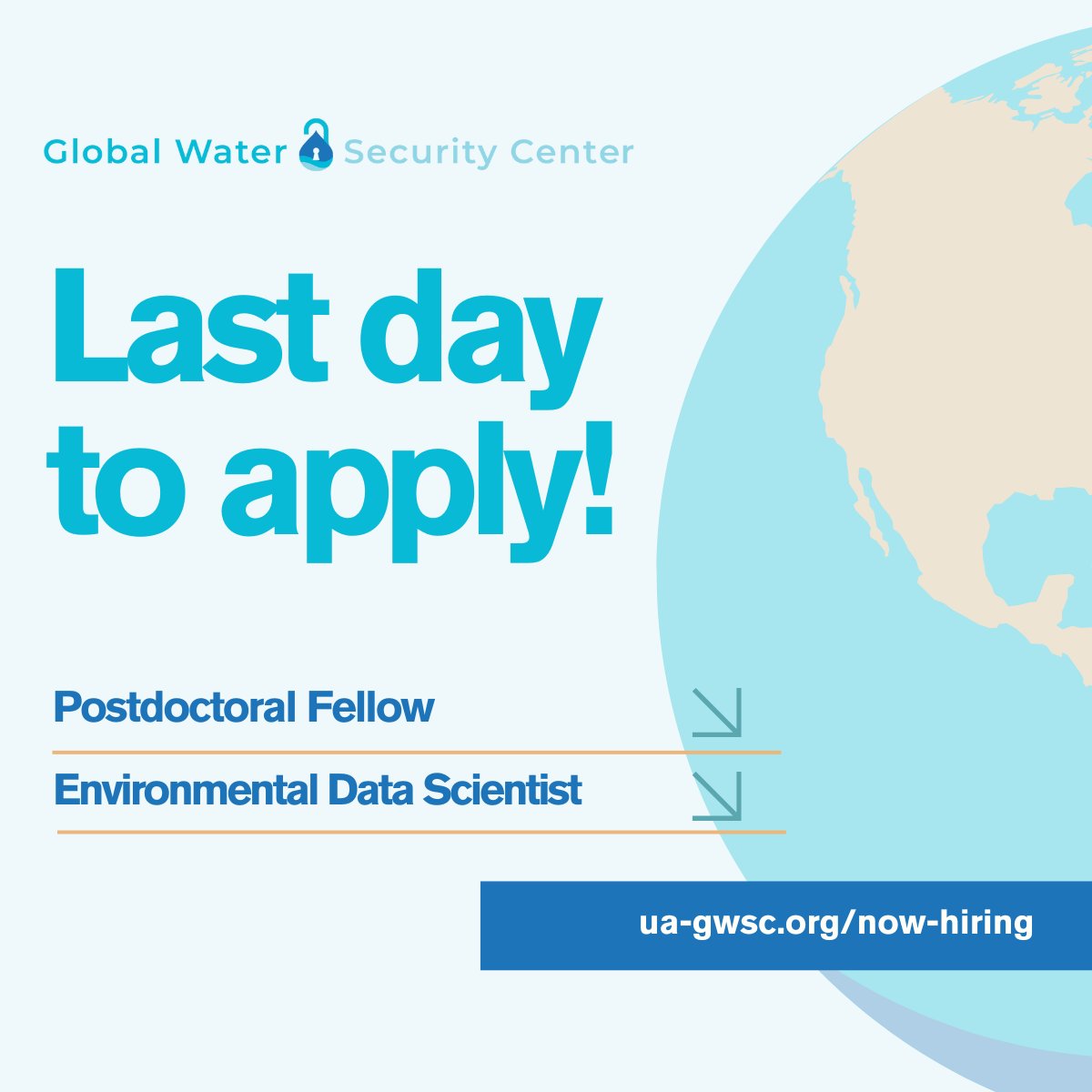 🚨 Last day to apply!

Join the Global Water Security Center as a:
- Postdoctoral Fellow
- Environmental Data Scientist

Help us drive innovation in global water security. Apply now: ua-gwsc.org/now-hiring/ 

#WaterSecurity #Hiring #ResearchJobs #NowHiring #DataJobs #waterjobs