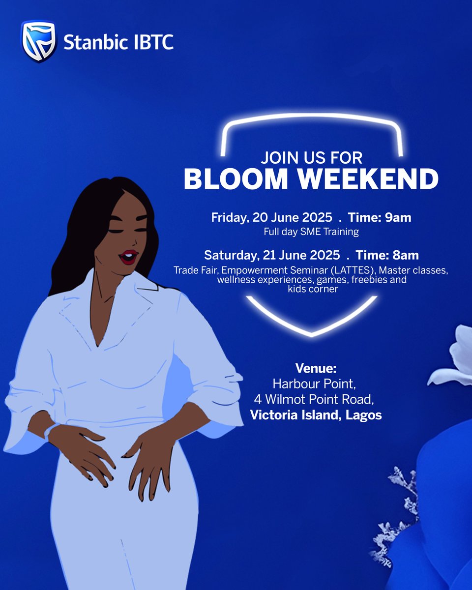 For the bold, enterprising woman—it’s your time to bloom!

Join us this weekend for the Stanbic IBTC Bloom Weekend, packed with SME training, empowerment seminars, masterclasses, wellness sessions, freebies, and more. 

Visit survey.stanbicibtc.com/survey/runtime… to register, and let’s make
