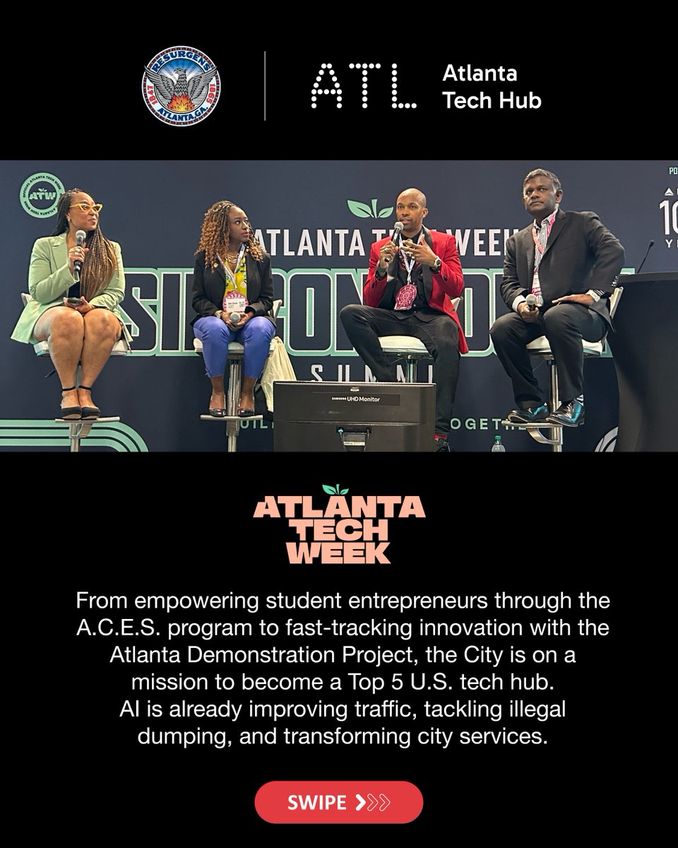 CityofAtlanta's tweet image. Last week was full of tech—and this is just a glimpse. From student entrepreneurs in A.C.E.S. to AI-designed housing in the West End, Atlanta is fast-tracking innovation. This is innovation for impact. This is Atlanta.
#MovingAtlantaForward #TechInATL