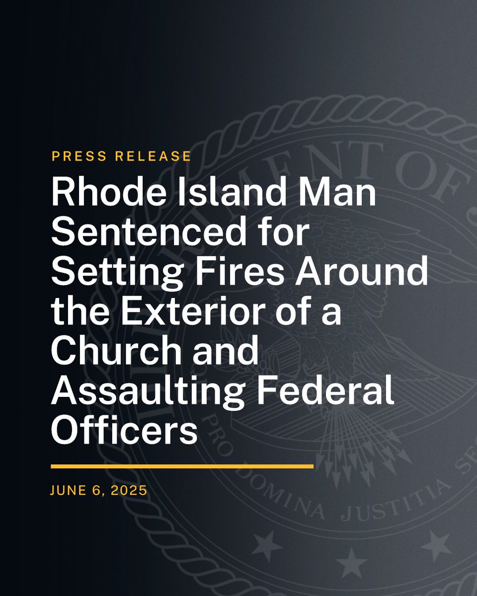 DOJ Civil Rights Division (@civilrights) on Twitter photo Rhode Island Man Sentenced for Setting Fires Around the Exterior of a Church and Assaulting Federal Officers
🔗: justice.gov/opa/pr/rhode-i… Rhode Island Man Sentenced for Setting Fires Around the Exterior of a Church and Assaulting Federal Officers
🔗: justice.gov/opa/pr/rhode-i…