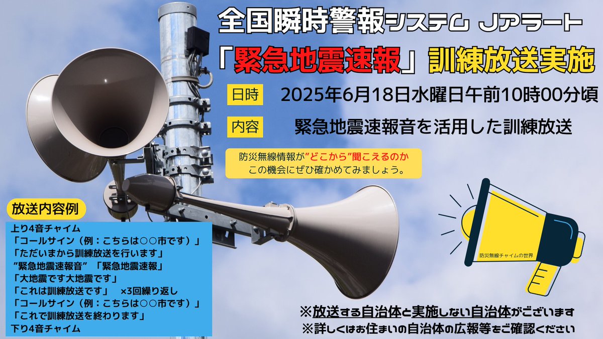 【「#緊急地震速報」の #訓練放送 が実施されます】 
本日、6月18日水曜日午前10時頃に #防災行政無線 を自動起動させ、緊急地震速報音を用いた訓練放送が行われます。 尚、放送する自治体・放送しない自治体があります。詳しくはお住まいの広報等をご確認ください。
#全国瞬時警報システム #Jアラート