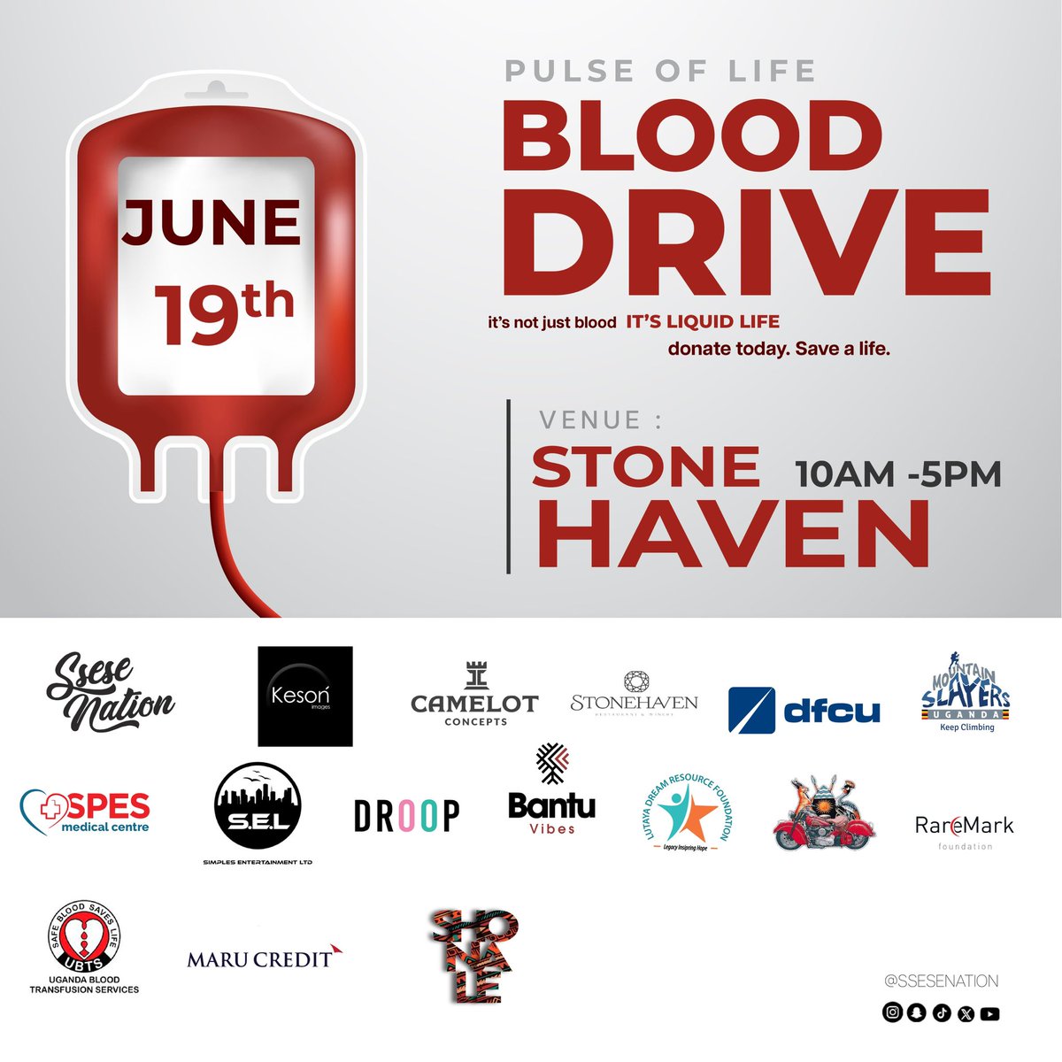 DJ Kai (@__djkai) on Twitter photo Pulse of Life – The Ultimate Blood Drive Experience🩸
Join us <a href="/SseseNation/">Ssese Nation</a> alongside our amazing partners as we make a difference and save lives!
📍 Venue: Stone Haven
📅 Date: Thursday, 19th June
🕙 Time: 10AM-5PM
Together, let’s make a difference one pint at a time!💪❤️ Pulse of Life – The Ultimate Blood Drive Experience🩸
Join us <a href="/SseseNation/">Ssese Nation</a> alongside our amazing partners as we make a difference and save lives!
📍 Venue: Stone Haven
📅 Date: Thursday, 19th June
🕙 Time: 10AM-5PM
Together, let’s make a difference one pint at a time!💪❤️