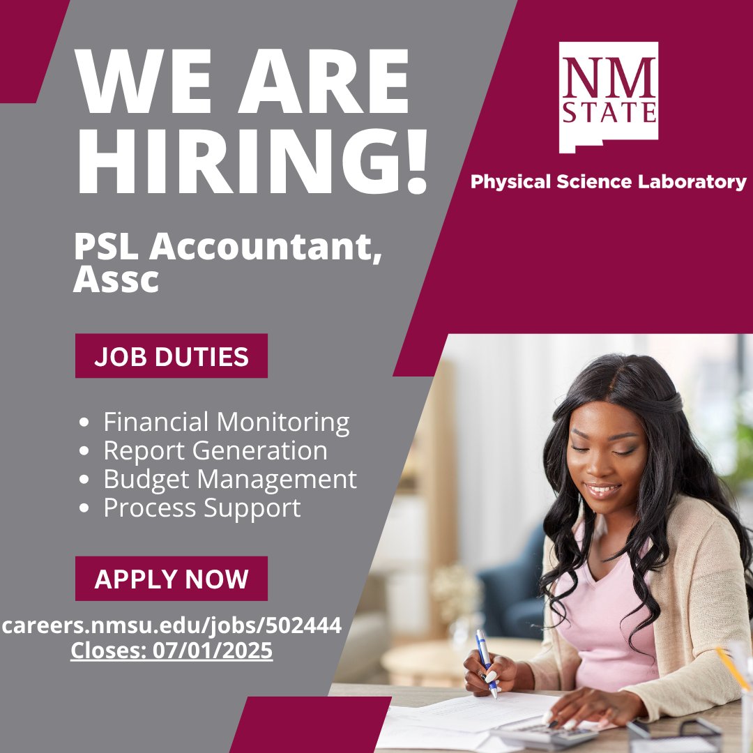 PSLNMState's tweet image. PSL is hiring!  We are looking to  for a Accountant, Assc to join our outstanding accounting team. This position will optimize financial data management &amp;amp; support strategic decision-making through accurate reporting &amp;amp; analysis. Apply before July 1st at: careers.nmsu.edu/jobs/psl-accou…