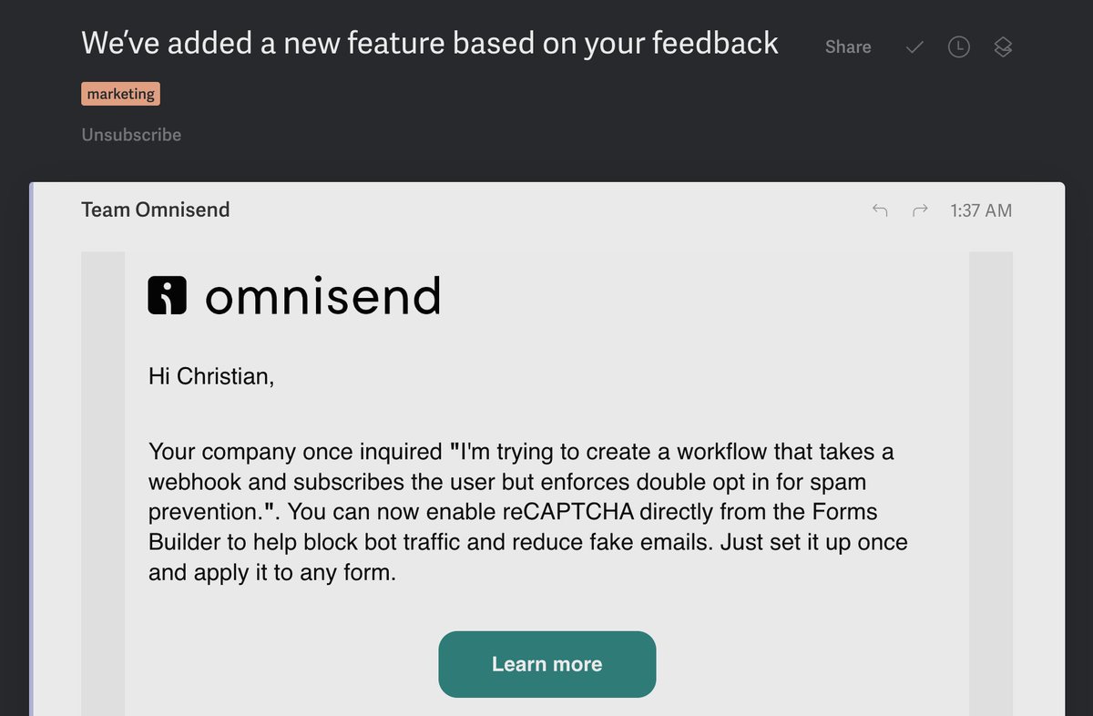 craylormade's tweet image. This is why I love @omnisend! They tracked feedback I left via their live chat and followed up months later to let me know that they implemented the feedback. Incredible customer service 😎