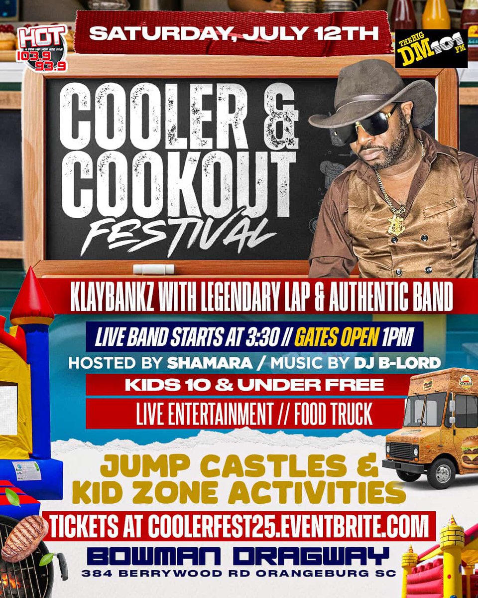 Don’t miss the Cooler and Cookout Festival July 12th at Bowman Dragway Featuring Finesse2tymes, Flippa T, Rocko, Montana 700, and more!! Tickets available on eventbrite.com!! Gates open at 1pm!! Keep it locked to The Big DM and Hot 103.9/93.9 for your chance to win!!