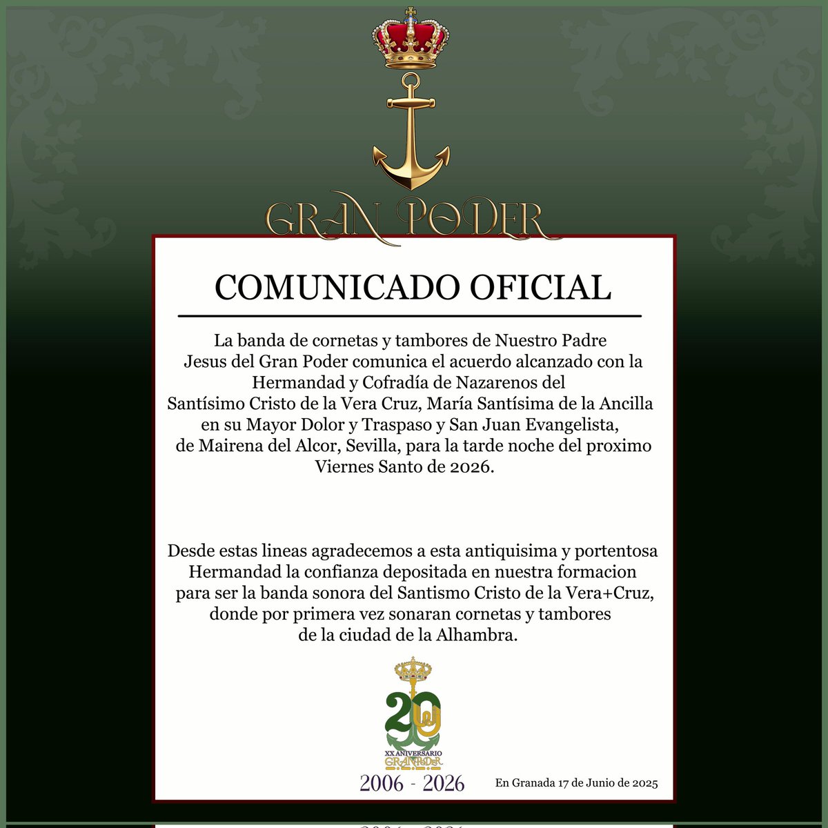 bandagranpoder's tweet image. ⚓️COMUNICADO OFICIAL⚓️
Nuestra formación ha llegado a un acuerdo con la Hermandad Cristo de la Vera+Cruz de Mairena del Alcor - Sevilla , para la tarde noche del proximo Viernes Santo de 2026

Agradecer  a la hermandad la confianza depositada en nuestra formación