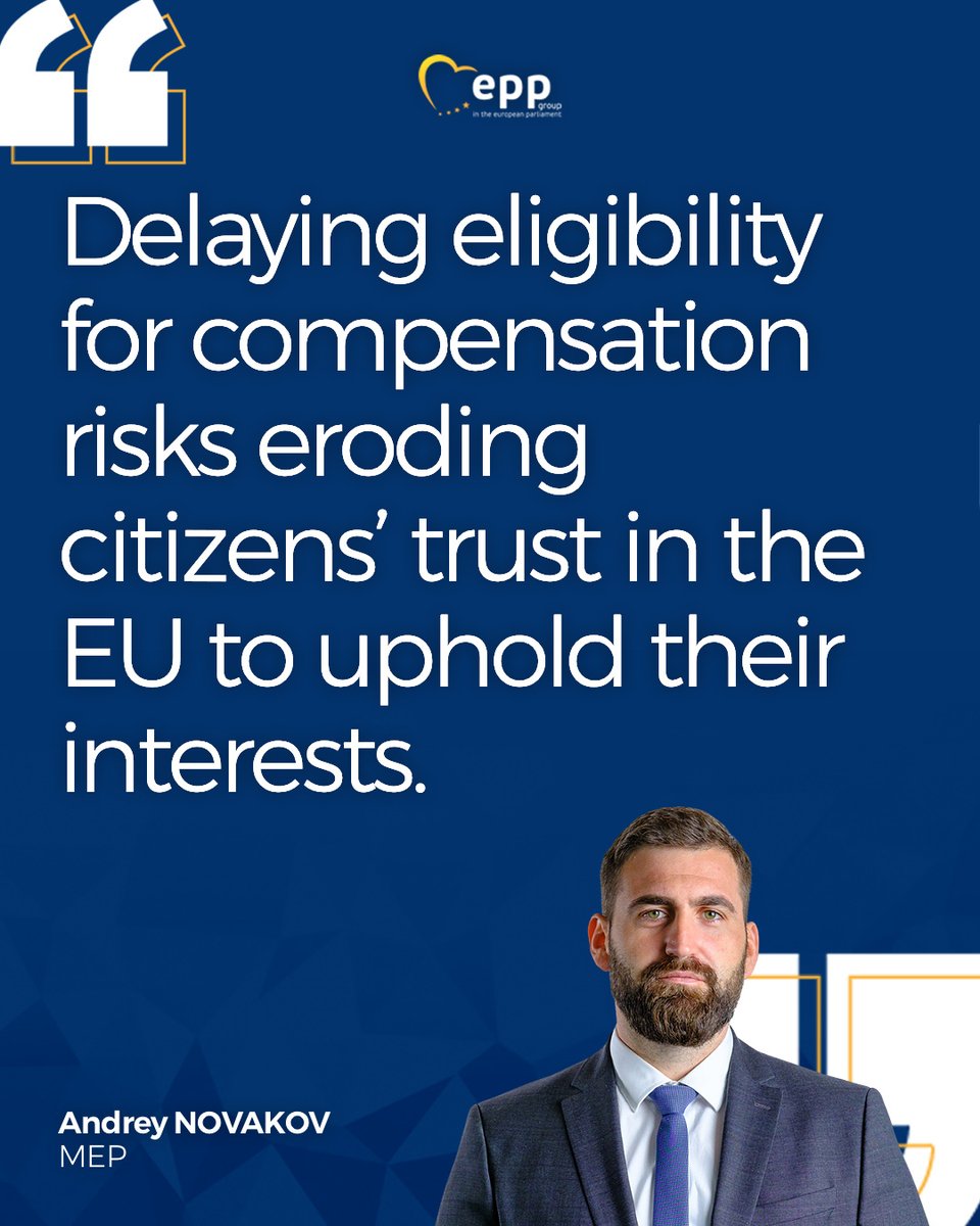 EPP Group (@eppgroup) on Twitter photo We will insist on keeping the 3-hour threshold, because we know that raising it would leave thousands of passengers without protection, says <a href="/AndreyNovakov/">Andrey Novakov</a> MEP.
#PassengerRights #EPlenary We will insist on keeping the 3-hour threshold, because we know that raising it would leave thousands of passengers without protection, says <a href="/AndreyNovakov/">Andrey Novakov</a> MEP.
#PassengerRights #EPlenary