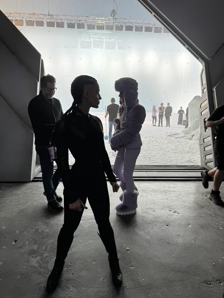 JamesGunn's tweet photo. We shot the Fortress of Solitude both in Svalbard, Norway and on stage in Atlanta, Georgia. He’s the entrance in Atlanta as Gaby and Sara wait to shoot. #Superman https://t.co/TLHGseonTN