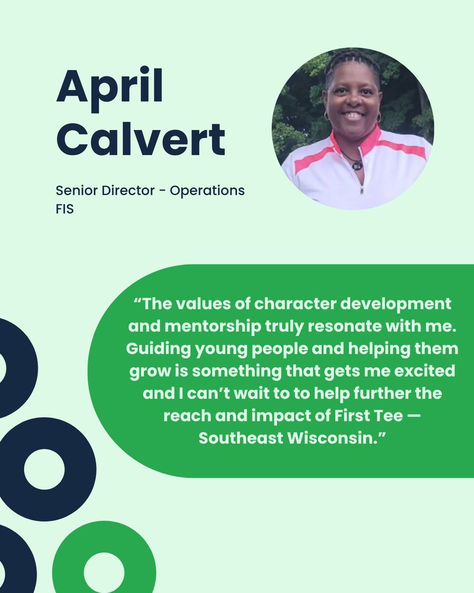 Help us welcome April Calvert, Senior Director - Operations at FIS, to our board of directors!

#FirstTeeSEW | #BuildingGameChangers