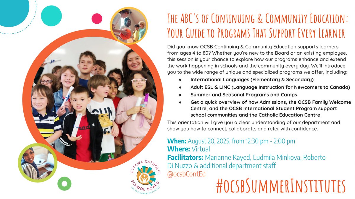 👋 New to the OCSB or curious about #ocsbContEd? Join us for our #ocsbSummerInstitutes session: The ABCs of Continuing &amp; Community Education, and discover how we support learners ages 4 to 80! 

🔗 Register: docs.google.com/forms/d/e/1FAI…