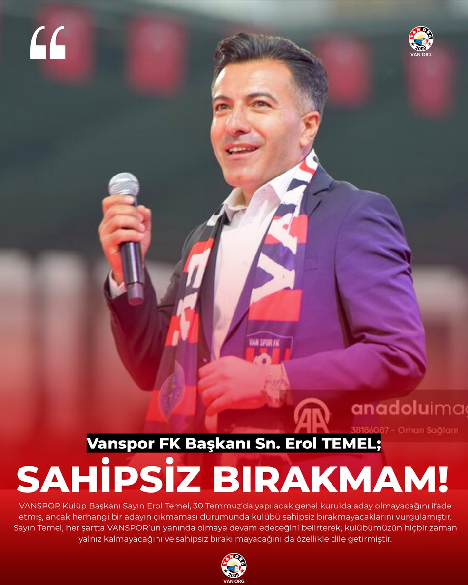 TAKIMI SAHİPSİZ BIRAKMAM! 

VANSPOR Kulüp Başkanı Sayın Erol Temel, 30 Temmuz’da yapılacak genel kurulda aday olmayacağını ifade etmiş, ancak herhangi bir adayın çıkmaması durumunda kulübü sahipsiz bırakmayacaklarını vurgulamıştır. Sayın Temel, her şartta VANSPOR’un yanında