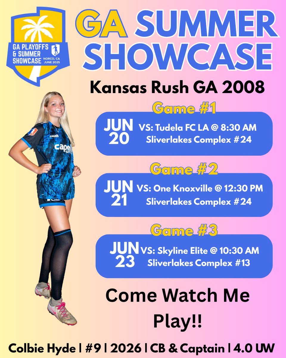Colbie Hyde (@colbie_hyde) on Twitter photo I am SO excited for the GA Summer Showcase this weekend in Norco!! Come watch me and the rest of my teammates play!! Can’t wait to get back out on the field with my girls after highschool season🌴⚽️✈️
<a href="/KSRUSHGA08/">KS RUSH GA 2008</a> <a href="/KSRGirlsAcademy/">Kansas Rush Girls Academy</a> <a href="/GAcademyLeague/">Girls Academy</a> <a href="/ImCollegeSoccer/">College Soccer Truth ™</a> <a href="/ImYouthSoccer/">ECNL/GA/Recruiting/College Soccer</a> I am SO excited for the GA Summer Showcase this weekend in Norco!! Come watch me and the rest of my teammates play!! Can’t wait to get back out on the field with my girls after highschool season🌴⚽️✈️
<a href="/KSRUSHGA08/">KS RUSH GA 2008</a> <a href="/KSRGirlsAcademy/">Kansas Rush Girls Academy</a> <a href="/GAcademyLeague/">Girls Academy</a> <a href="/ImCollegeSoccer/">College Soccer Truth ™</a> <a href="/ImYouthSoccer/">ECNL/GA/Recruiting/College Soccer</a>