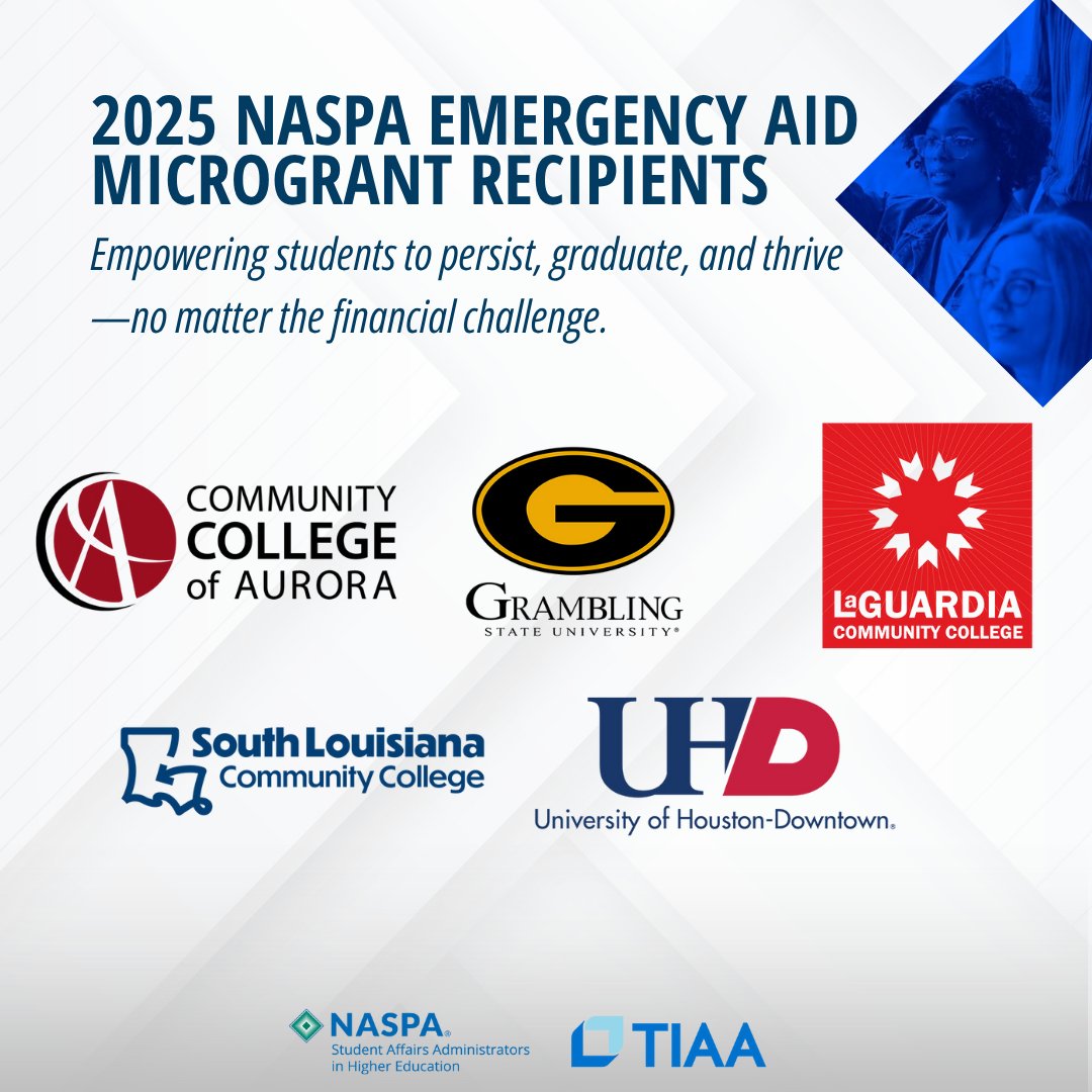 The 2025 NASPA Emergency Aid Microgrants—supported by <a href="/TIAA/">TIAA</a>—are helping students stay enrolled during financial emergencies. Congrats to the 5 awardees!

Learn more: bit.ly/3SSTzQj
#EmergencyAid #HigherEd #Student Success