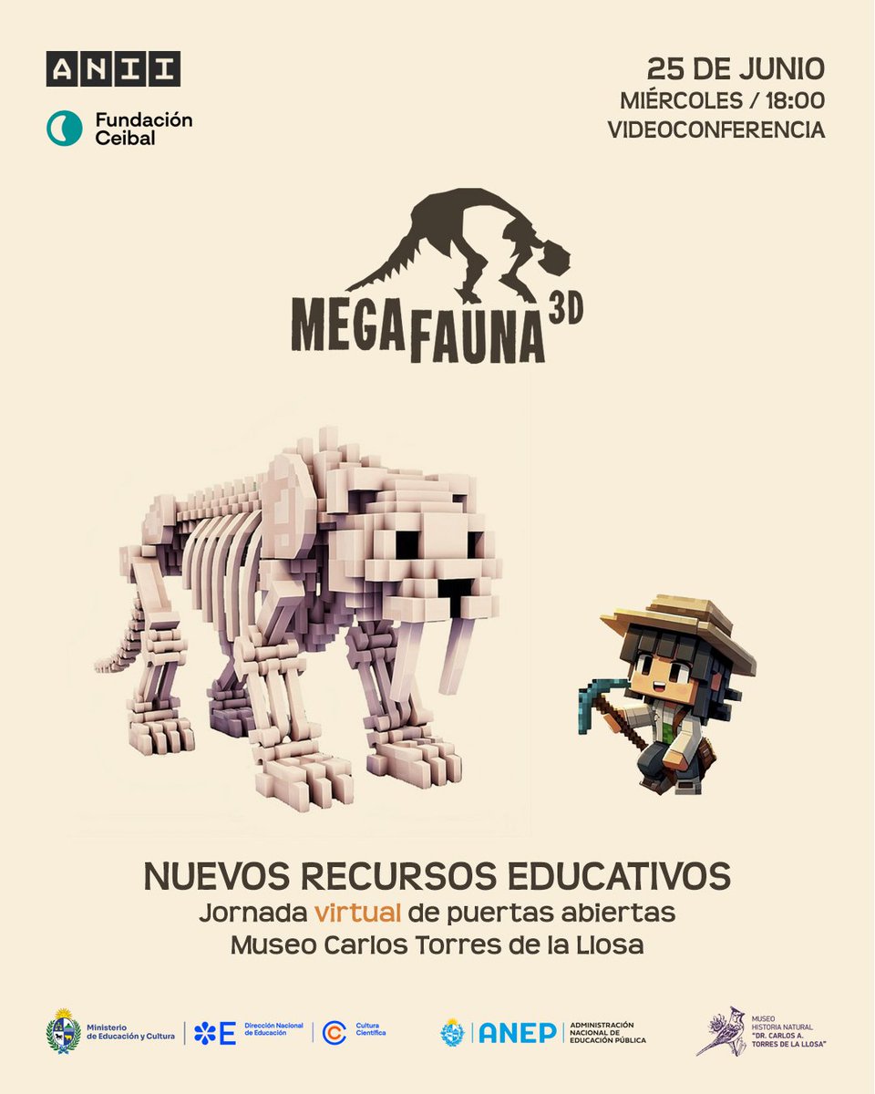 Cultura Científica Uruguay (@ccientificauy) on Twitter photo MEGAFAUNA 3D: Nuevos recursos educativos libres, dirigidos a estudiantes y educadores, para acercarse al mundo de los grandes mamíferos extintos de Uruguay.
<a href="/megafauna3d/">Megafauna 3D</a>
Meeting link:
ceibal.webex.com/ceibal-sp/j.ph…
Meeting number:
2429 989 9653
Meeting password:
JYdMnFmw358 MEGAFAUNA 3D: Nuevos recursos educativos libres, dirigidos a estudiantes y educadores, para acercarse al mundo de los grandes mamíferos extintos de Uruguay.
<a href="/megafauna3d/">Megafauna 3D</a>
Meeting link:
ceibal.webex.com/ceibal-sp/j.ph…
Meeting number:
2429 989 9653
Meeting password:
JYdMnFmw358