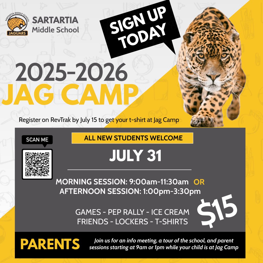 Sartartia Middle School (@sms_jaguars) on Twitter photo ๐พ๐ Calling All New Jaguars! ๐๐พ
Get ready for an unforgettable start to your Sartartia journey at 2025โ2026 JAG CAMP! ๐๐ฃ
๐ฒ Scan the QR code or register on RevTrak now to save your spot!
๐จโ๐ฉโ๐งโ๐ฆ Parents: Join us for an info session and school tour while your child is at camp! ๐พ๐ Calling All New Jaguars! ๐๐พ
Get ready for an unforgettable start to your Sartartia journey at 2025โ2026 JAG CAMP! ๐๐ฃ
๐ฒ Scan the QR code or register on RevTrak now to save your spot!
๐จโ๐ฉโ๐งโ๐ฆ Parents: Join us for an info session and school tour while your child is at camp!