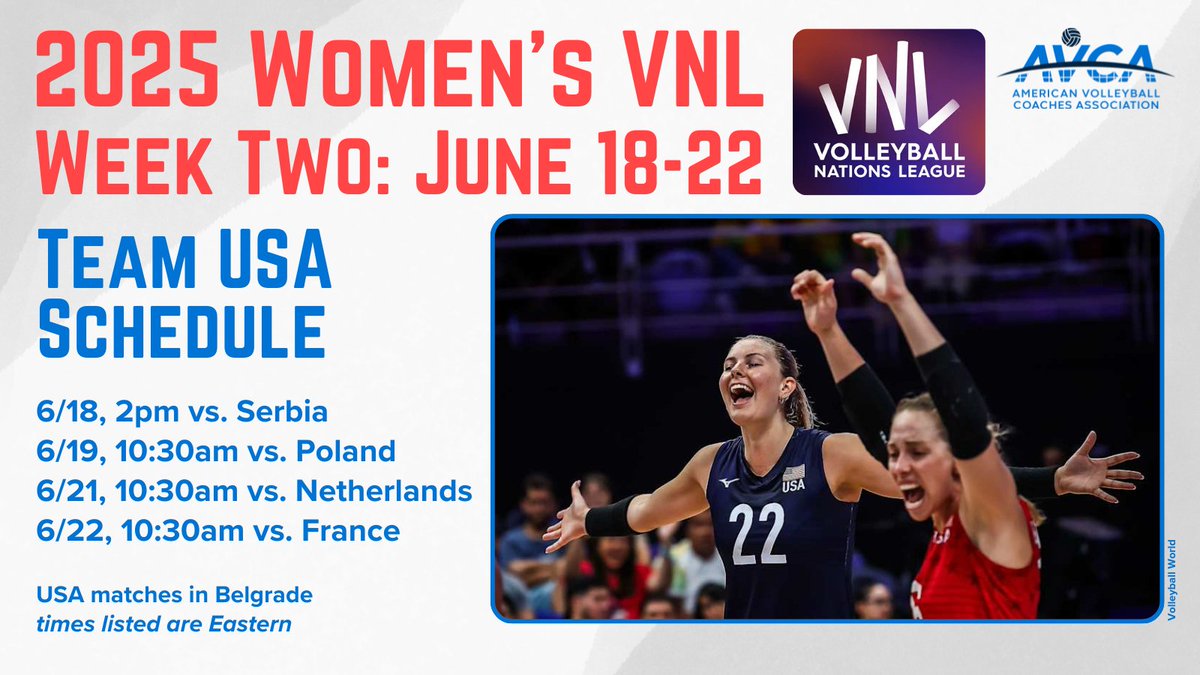 AVCA (@avcavolleyball) on Twitter photo Get ready for Week Two of Women’s Volleyball Nations League action!
The new week of pool play starts Wednesday, and the <a href="/usavolleyball/">USA Volleyball</a> women will play in Belgrade. Check out the USA matches on VBTV, <a href="/CBSSports/">CBS Sports</a>, and @bigtennetwork.
en.volleyballworld.com/volleyball/com…
#WeAreAVCA #VNL2025 Get ready for Week Two of Women’s Volleyball Nations League action!
The new week of pool play starts Wednesday, and the <a href="/usavolleyball/">USA Volleyball</a> women will play in Belgrade. Check out the USA matches on VBTV, <a href="/CBSSports/">CBS Sports</a>, and @bigtennetwork.
en.volleyballworld.com/volleyball/com…
#WeAreAVCA #VNL2025