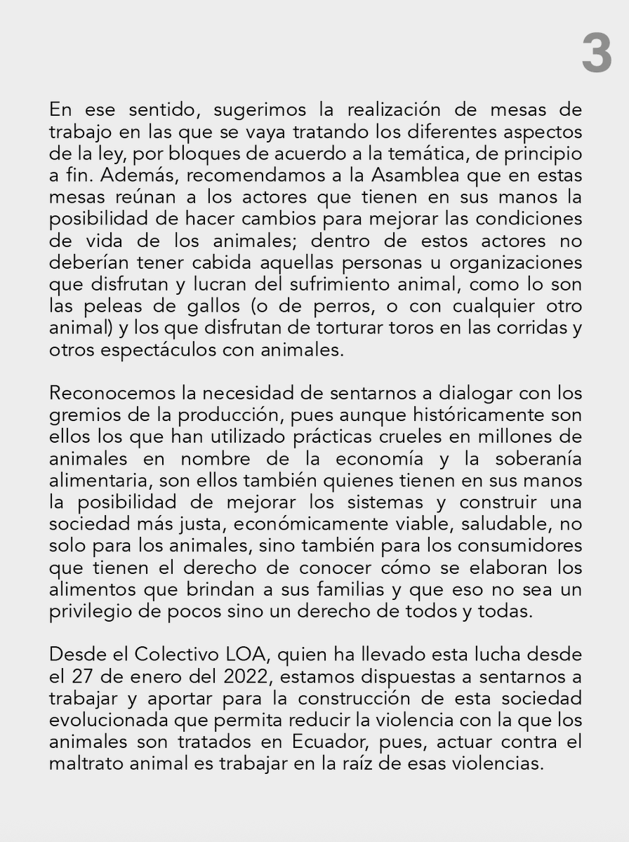 Luego de unos días de pausa y reflexión, hemos escrito una carta para la <a href="/AsambleaEcuador/">Asamblea Nacional</a> , dirigida al presidente <a href="/NielsOlsenP/">Niels Olsen</a>  y a la presidenta de la Comisión de Biodiversidad <a href="/camileonok/">Camila León</a>
Nunca más una ley "animalista" creada por galleros, taurinos y explotadores. Nunca más.