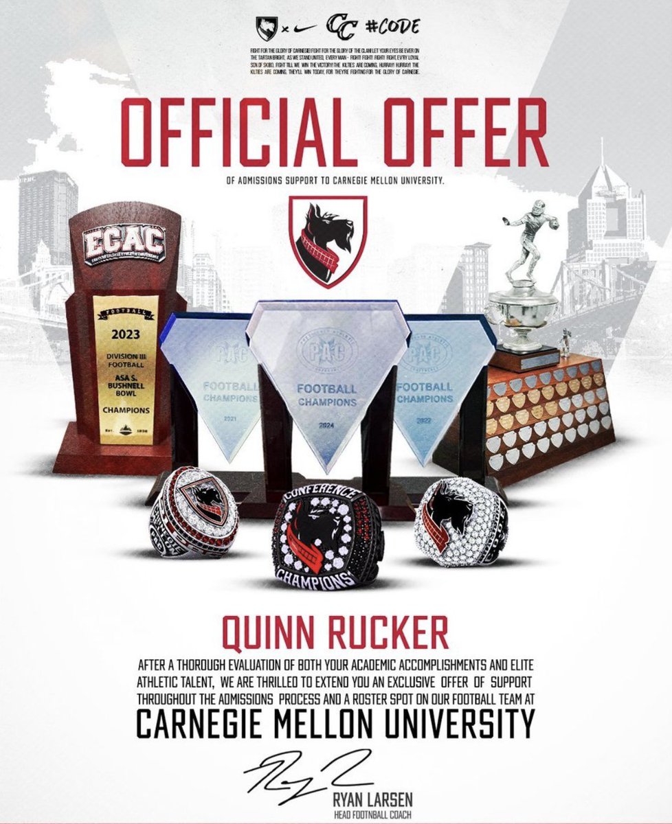 Quinn Rucker (@ruckerquinn) on Twitter photo After a great conversation with <a href="/CoachAndyHelms/">Andy Helms</a>, I’m truly honored and grateful to have received an offer from Carnegie Mellon University.
<a href="/CoachRyanLarsen/">Ryan Larsen</a>
<a href="/TartanFB/">Carnegie Mellon Football</a>
<a href="/CoachJEvans12/">Joe Evans</a>
<a href="/MishGilliam/">No Gloves</a>
<a href="/SouthMeckSabres/">South Meck Football</a>
<a href="/PrepRedzoneNC/">Prep Redzone North Carolina</a>
<a href="/pepman704/">Matt Morrow</a> After a great conversation with <a href="/CoachAndyHelms/">Andy Helms</a>, I’m truly honored and grateful to have received an offer from Carnegie Mellon University.
<a href="/CoachRyanLarsen/">Ryan Larsen</a>
<a href="/TartanFB/">Carnegie Mellon Football</a>
<a href="/CoachJEvans12/">Joe Evans</a>
<a href="/MishGilliam/">No Gloves</a>
<a href="/SouthMeckSabres/">South Meck Football</a>
<a href="/PrepRedzoneNC/">Prep Redzone North Carolina</a>
<a href="/pepman704/">Matt Morrow</a>