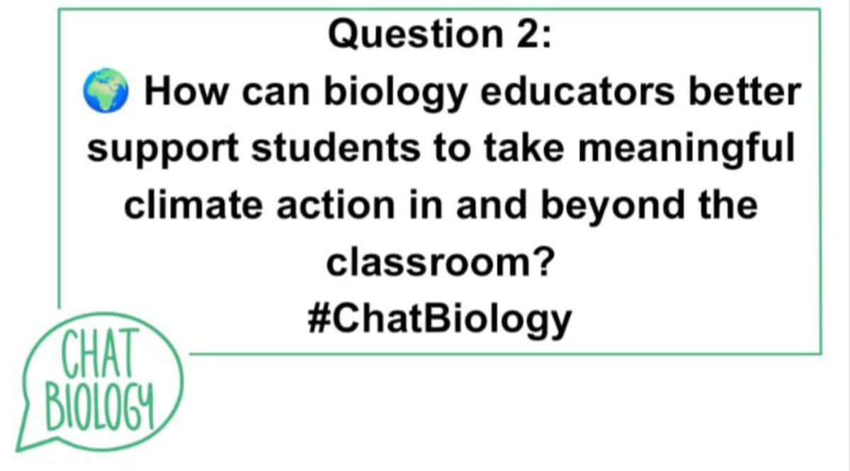 Thanks for all your contributions to the #chatbiology chat this evening.  Next up we have a question about encouraging our students to take meaningful climate action and we'd love to hear what has worked with your students or what you'd like to try:
