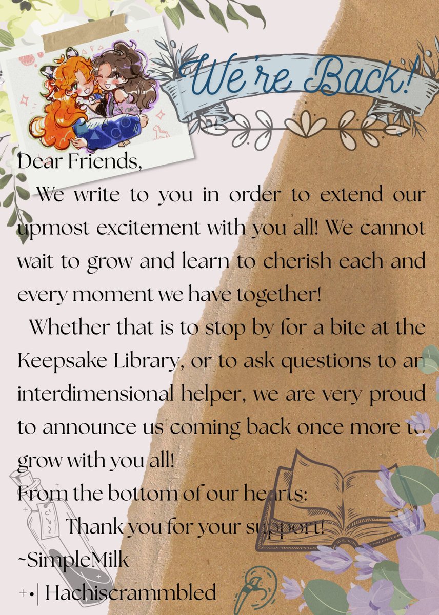 SimpleMilk009's tweet photo. [✉️📚💜] As the Keepsake Library opens back up after some seasonal housekeeping, an announcement is posted to the door. Take a look, traveler!

Come stop on by at 9EST today as @Hachiscrammbled and I return to streaming! https://t.co/vtHSlN5bkY

 (Art by @spicapudica!) https://t.co/ugJtsG8iUV